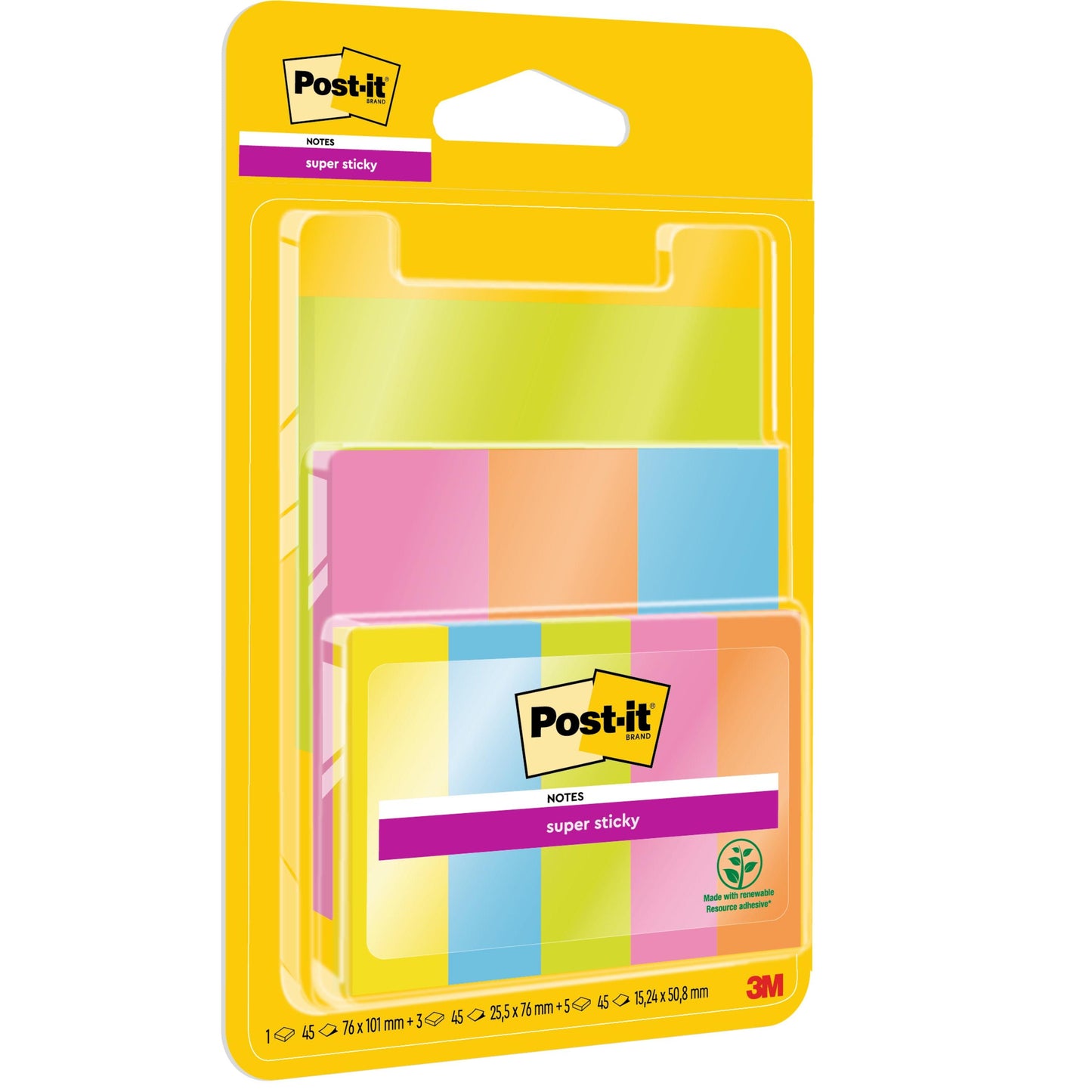 En gul plastemballasje fra 3M Deutschland GmbH inneholder Post-it® Super Sticky Notes, fargerik, kombinasjonspakke med sidemarkører. Inneholder 9 blokker (hver med 45 ark) i to størrelser, PEFC-sertifisert. Med Post-it-logoen og i vertikal oppstilling.