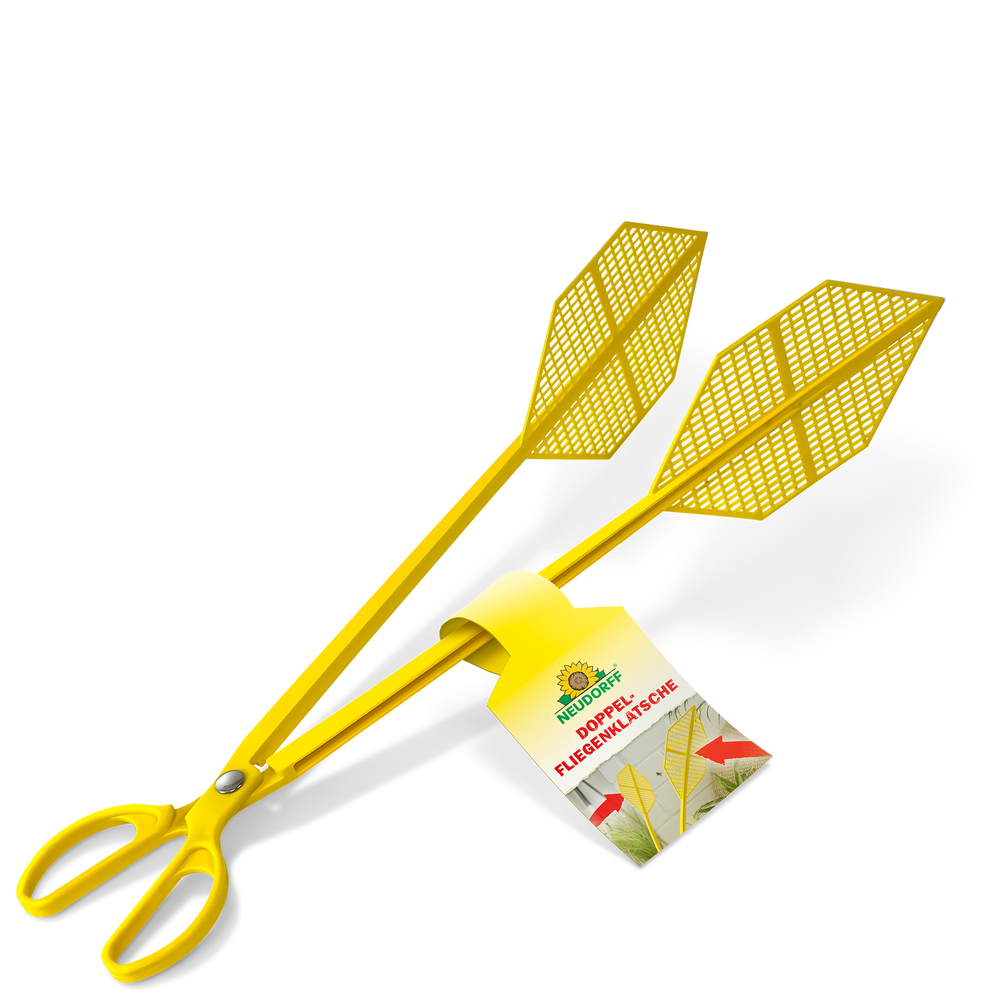 Die Neudorff Shop Doppelfliegenklatsche ist gelb mit einem Scherengriff und zwei blattförmigen Netzklatschen. Ideal zum Fangen von Fliegen ohne Flecken. Am Griff ist ein Etikett mit grünem und rotem Text angebracht.