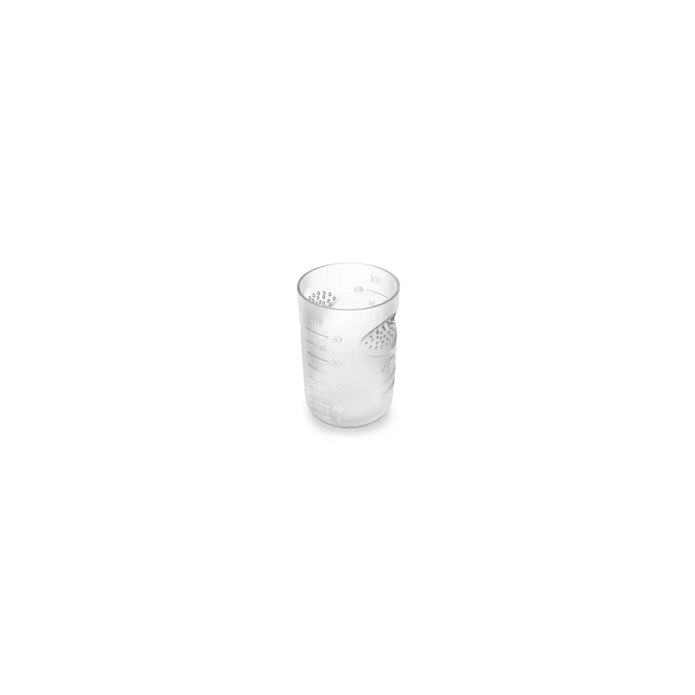 The Dr. Schumacher dosing cap 40ml PP from Dr. Schumacher GmbH, a clear dosing cap with measurement markings, is depicted on a plain white background.