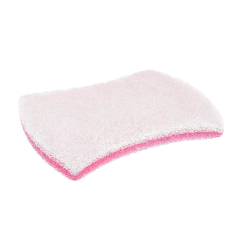 A close-up of the Scotch-Brite® Bath XXL cleaning sponge from 3M Deutschland GmbH, a pink-white rectangular sponge with a textured scrubbing surface, ideal for removing limescale deposits, 1 piece per pack, on a white background.