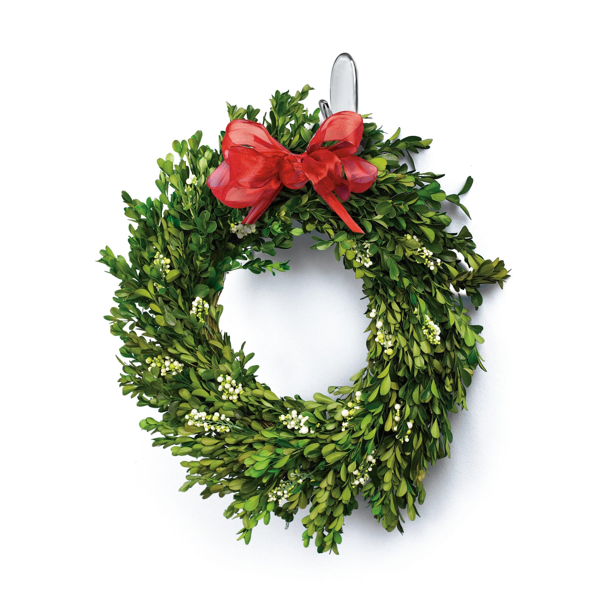 Ein grüner Buchsbaumkranz mit weißen Beeren und einer roten Schleife hängt an einem 3M Command™ Haken M, transparent (17091CLR), von 3M Deutschland GmbH, vor einem weißen Hintergrund.