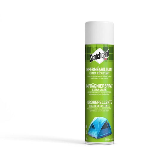A large, green 400-milliliter can of Scotchgard™ Extra-Strong Water-Repellent Spray from 3M Deutschland GmbH stands upright. The label features text in several languages and a blue image of a tent, ideal for providing extra-strong protection for fabrics.