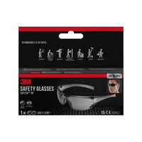 A retail package for 3M™ Virtua™ AP safety glasses with gray lenses from 3M Deutschland GmbH. The box highlights the eye protection, 99.9% UV protection, product images, and symbols for applications such as gardening and carpentry.
