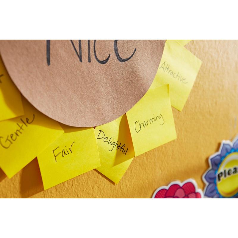 Post-it® Super Sticky Notes Cubes, Yellow (76 x 76 mm) by 3M Deutschland GmbH with words like "Fair", "Delightful", "Charming", "Gentle" and "Attractive" are arranged in a semicircle around a brown circle with "Nice".