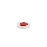 A small, natural-colored Dr. Schumacher bucket lid with a red handle, manufactured by Dr. Schumacher GmbH, is centered on a round white plate against a plain white background.
