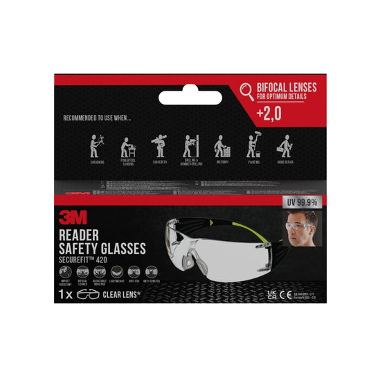 Eine Packung 3M™ SecureFit™ Lese-Schutzbrille von 3M Deutschland GmbH verfügt über +2,0 bifokale klare Gläser, 99,9 % UV-Schutz und wird für Säge-, Tischler- und Malerarbeiten empfohlen.