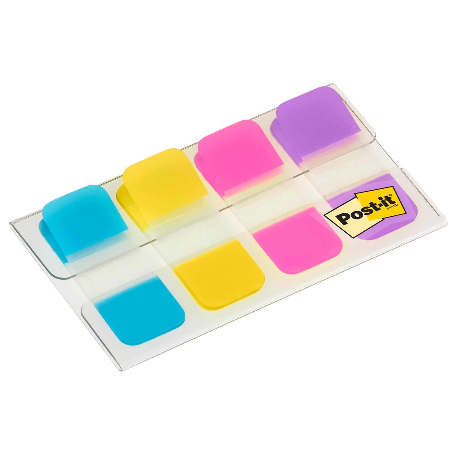 Ein durchsichtiger Kunststoffhalter der 3M Deutschland GmbH enthält 40 Post-it® Index Strong Ablagetabs, Mini, in den Farben blau, violett, rosa und gelb (15,8 mm x 38,1 mm) für die Dokumentenorganisation; ein gelbes Etikett befindet sich in der rechten unteren Ecke.
