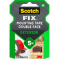Die Verpackung des Scotch-FIX™ Doppelseitiges Außenmontageband 5412-1915-P (19 mm x 1,5 m, 1 Rolle) von 3M Deutschland GmbH zeigt seine wetterfesten Eigenschaften und 5 kg Belastbarkeit, mit einem Foto, das ein Hausnummernschild zeigt.