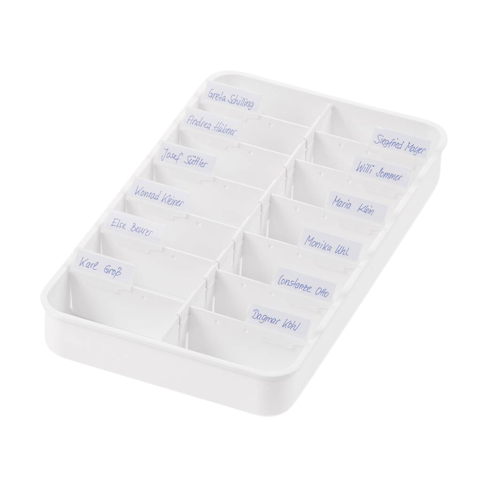 Som melipul Anbruktropper-tablett tilbyr Helmut Schwarz GmbH en hvit tablett med fjorten blåmerkede rom. Den er optimalt egnet for organisering av flytende medisiner og er perfekt egnet for å opprettholde orden og effektivitet i pleieinstitusjoner.