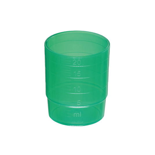 Un vaso para medicamentos melipul REUTILIZABLE y apilable de 25 ml, en varios colores, de la empresa Helmut Schwarz GmbH, fabricado en polipropileno apto para el lavavajillas, con marcas de medición laterales en mililitros (ml). Las marcas indican los niveles de llenado de 5 ml, 10 ml, 15 ml y 20 ml. El vaso para medicamentos apilable está vacío y se muestra sobre un fondo blanco.