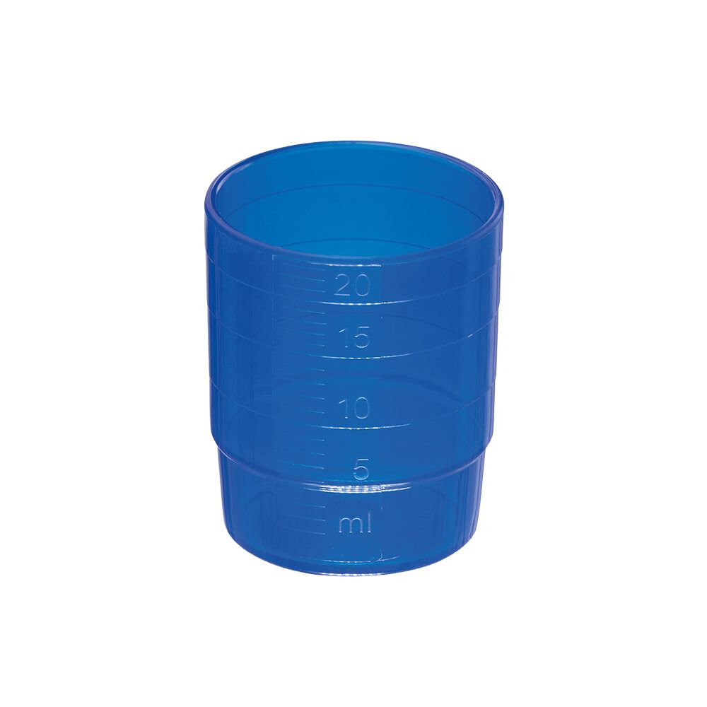The melipul REUSABLE medication cup from Helmut Schwarz GmbH is a translucent-blue measuring cup made of polypropylene with 5, 10, 15, and 20 ml markings. Its cylindrical shape and non-slip cup ensure a secure grip.