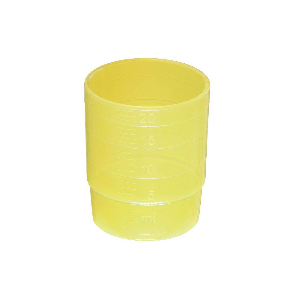 The melipul REUSABLE medication cup from Helmut Schwarz GmbH, a stackable yellow plastic cup with a capacity of 25 ml, features clear milliliter markings from 5 ml to 20 ml. It is made of robust polypropylene and has a handy design for small amounts of liquid.