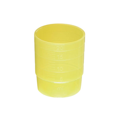 The melipul REUSABLE medication cup from Helmut Schwarz GmbH, a stackable yellow plastic cup with a capacity of 25 ml, features clear milliliter markings from 5 ml to 20 ml. It is made of robust polypropylene and has a handy design for small amounts of liquid.