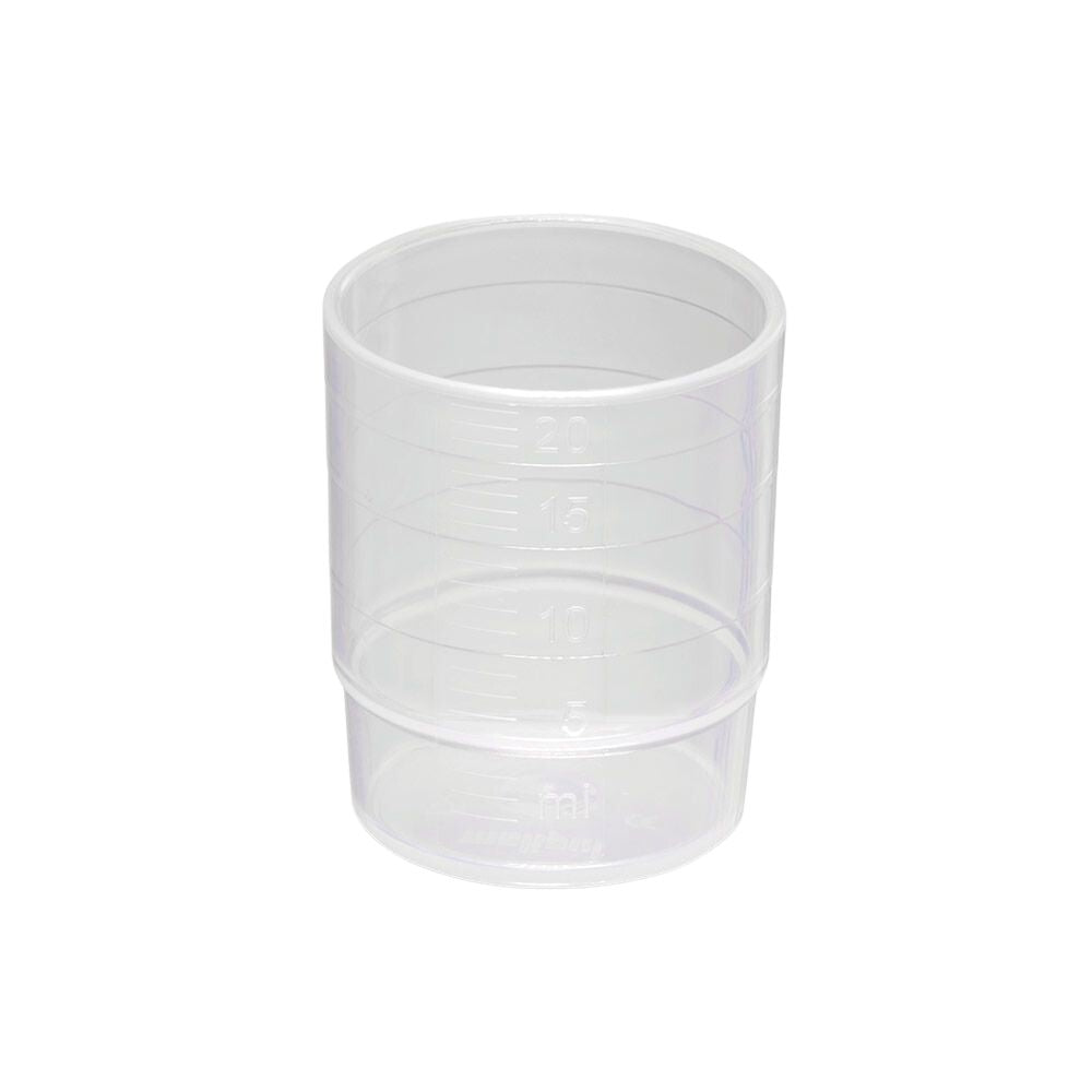 The melipul REUSABLE medication cup from Helmut Schwarz GmbH is a stackable, 25 ml capacity, transparent plastic cup made of polypropylene (PP) with precise measurement markings, perfect for versatile use in the kitchen - all on a plain white background.