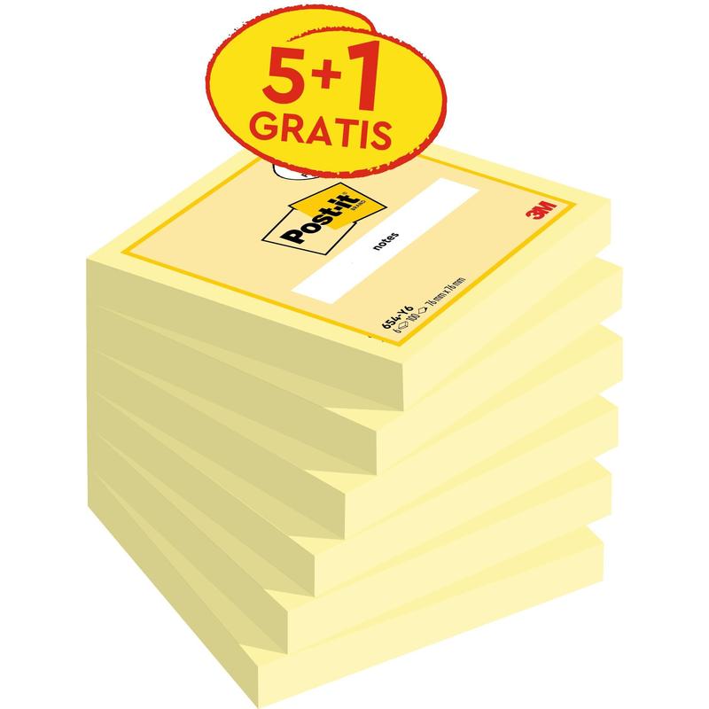 Post-it® Notes, Yellow, 76mm x 76mm, Promotion, 100 Sheets/Pad, 5 Pads + 1 Free/Pack, 100% PEFC, SGSCH-PEFC-COC-110078 | Pack (6 pieces)