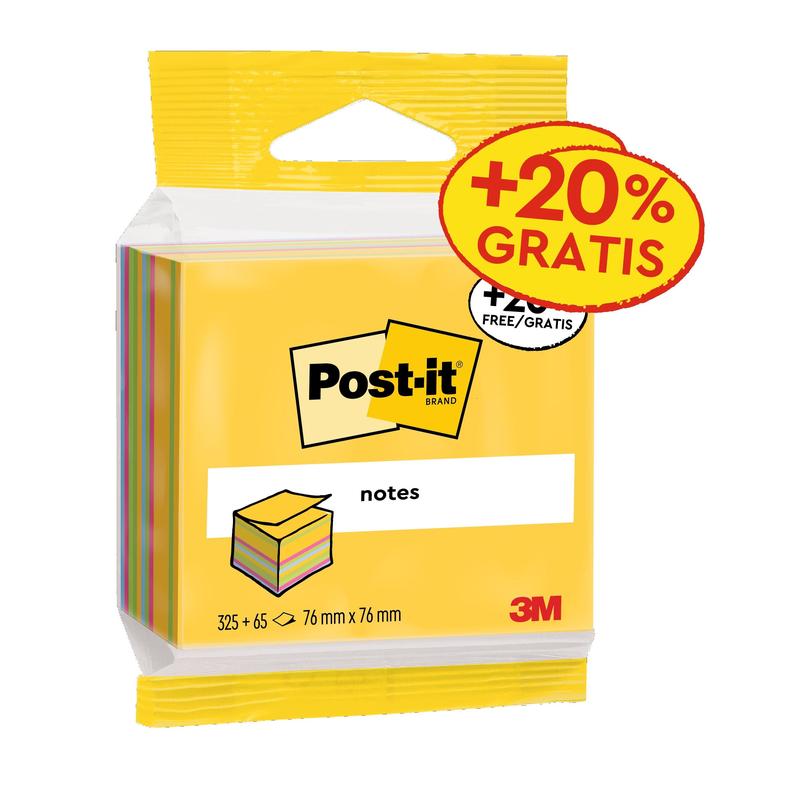 Cubos de notas Post-it®, ultracolores, 76 mm x 76 mm, promoción 20 % gratis, 390 hojas/bloc, 1 bloc/paquete, 100 % PEFC, SGSCH-PEFC-COC-110078 | Paquete (1 juego)