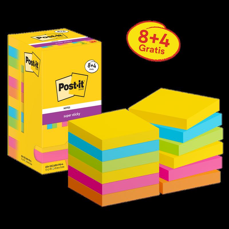 Notas súper adhesivas Post-it®, colección Carnival, 76 mm x 76 mm, promoción, 90 hojas/bloc, 8 blocs + 4 gratis/paquete, embalaje de cartón, 100 % PEFC, SGSCH-PEFC-COC-110078 | Paquete (12 piezas)