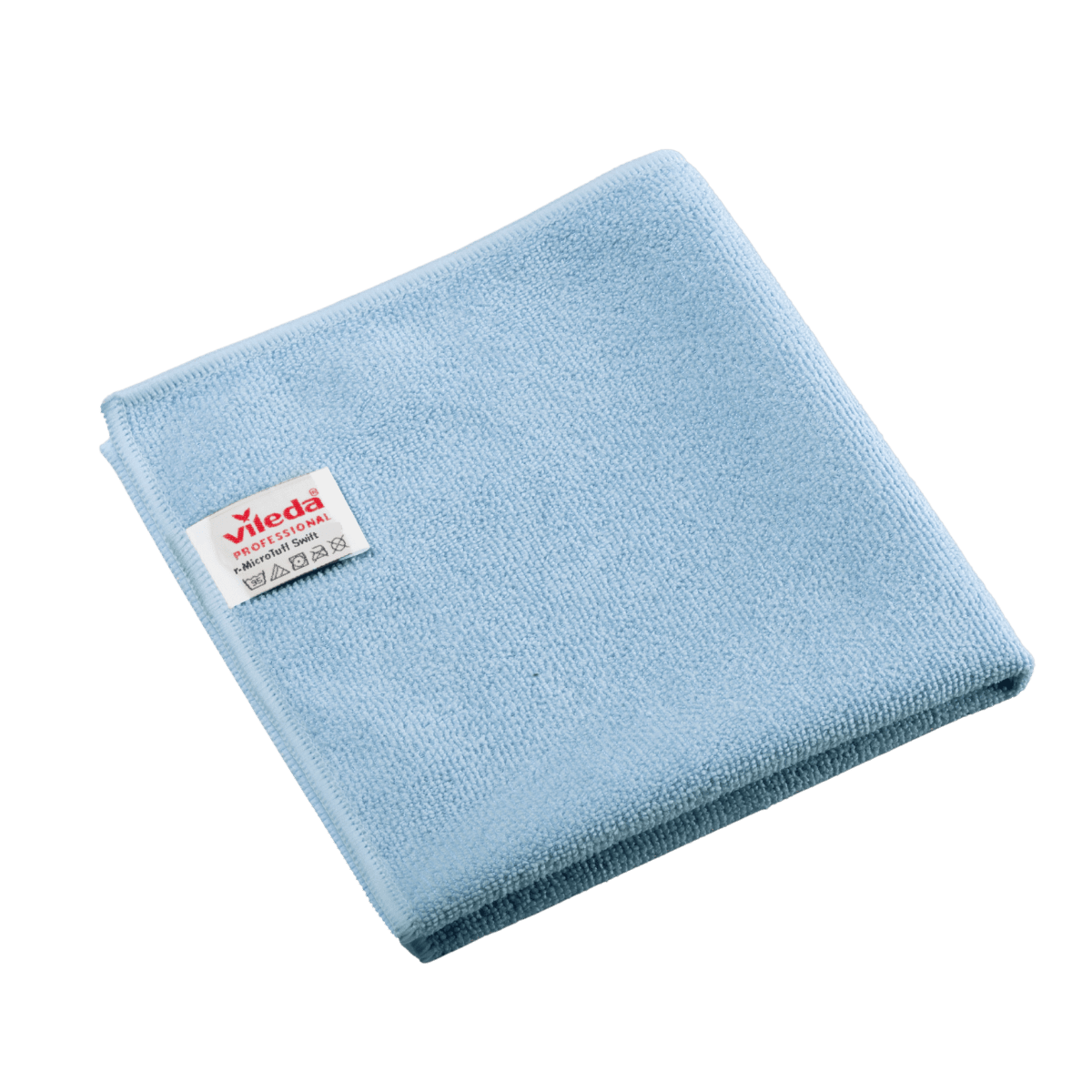 Folded blue Vileda Professional r-MicroTuff Swift microfiber cloth with a sewn-in white label bearing the brand name and care symbols.
