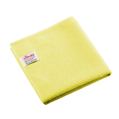 Folded yellow Vileda Professional r-MicroTuff Swift microfiber cloth with a sewn-in white label.