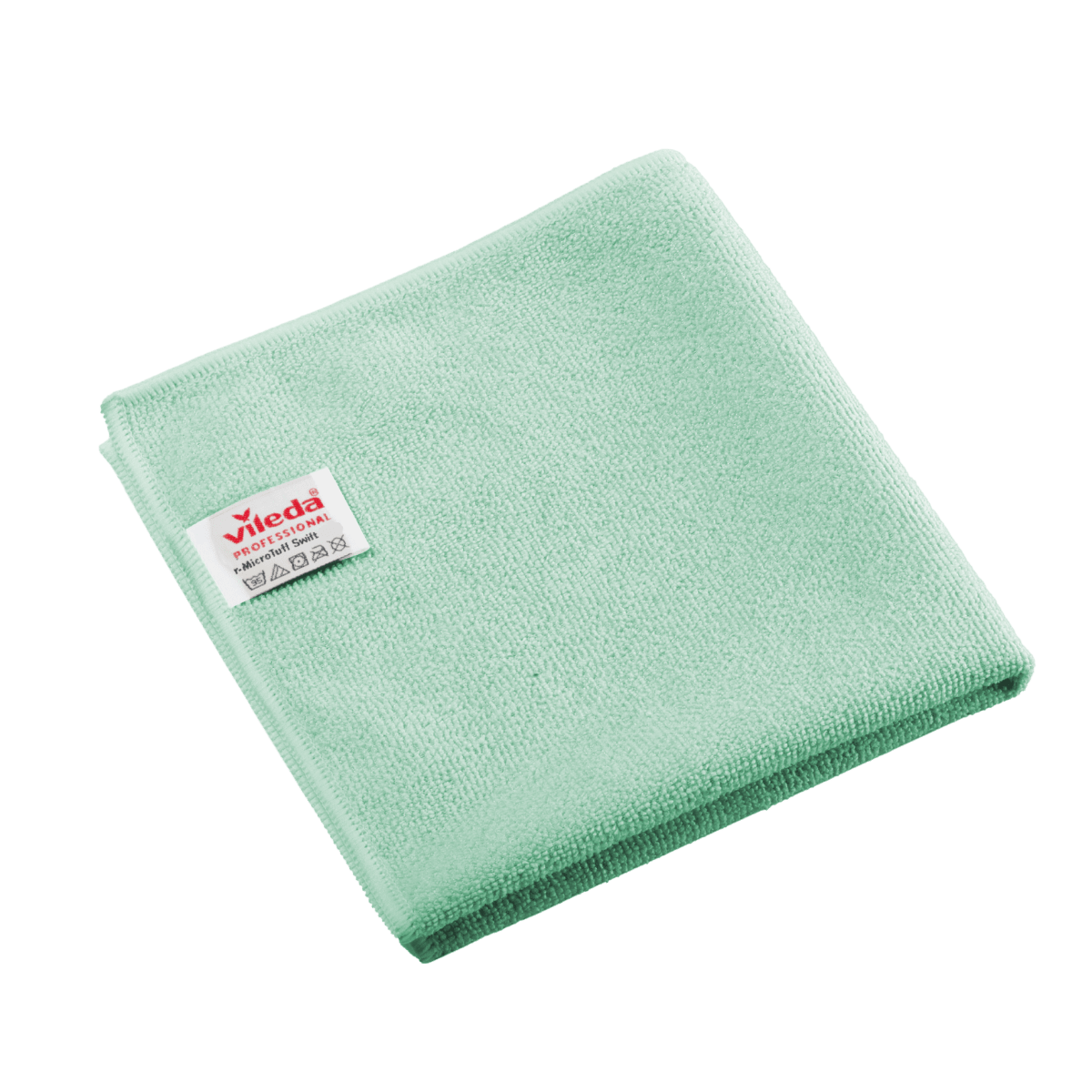 Folded green Vileda Professional r-MicroTuff Swift microfiber cloth with a sewn-in white label.