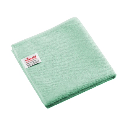 Folded green Vileda Professional r-MicroTuff Swift microfiber cloth with a sewn-in white label.