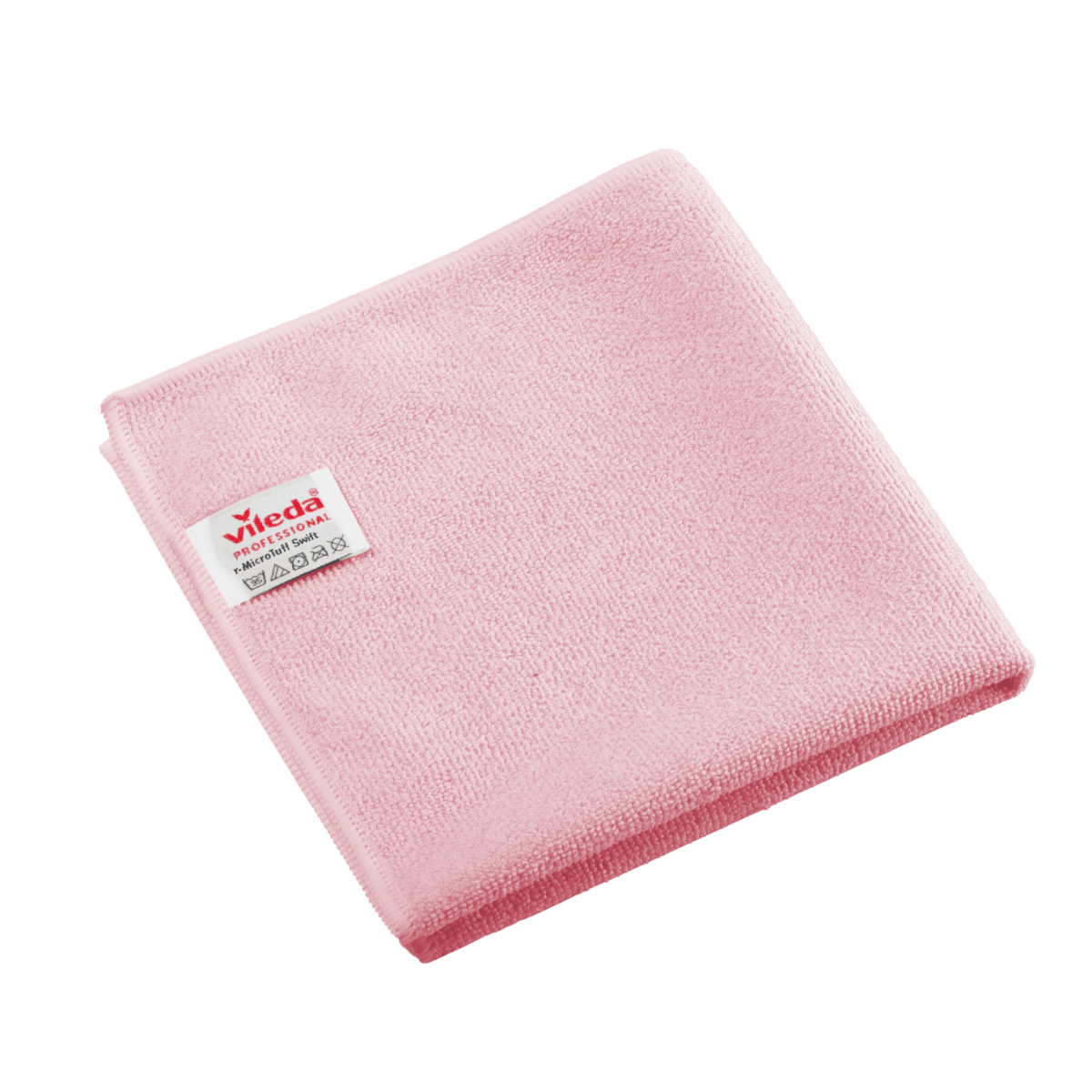Folded red Vileda Professional r-MicroTuff Swift microfiber cloth with a sewn-in white label.