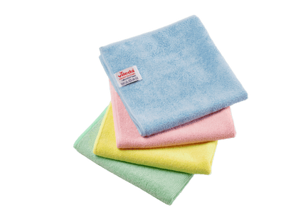 Four stacked Vileda Professional r-MicroTuff Swift microfiber cloths in blue, red, yellow, and green.