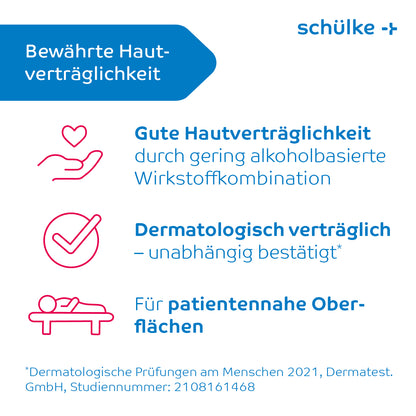 Ein Informationsplakat der Schülke & Mayr GmbH mit drei Claims zu den Schülke Mikrozid® universal wipes Desinfektionstücher premium: „Gute Hautverträglichkeit“ mit Herz-Icon in der Hand, „Dermatologisch verträglich“ mit Häkchen-Icon und „Für patientennahe Oberflächen“ mit Patienten-Icon, ideal zur Schnelldesinfektion.