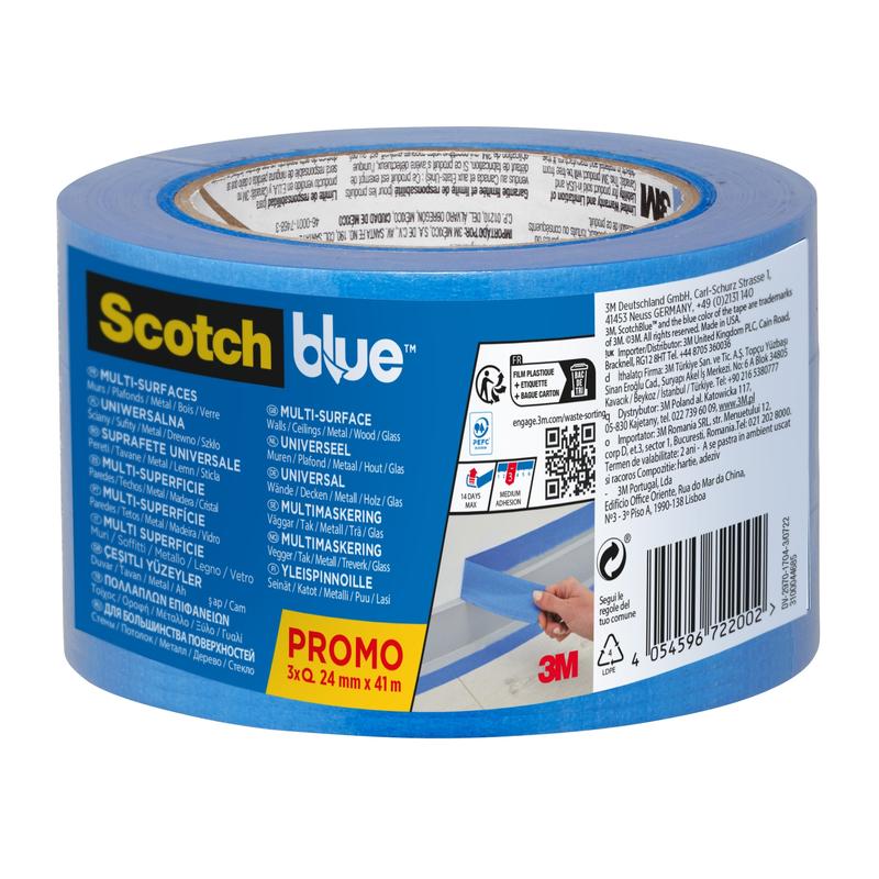 ScotchBlue™ Multi-Surface Painter's Masking Tape, 24mm x 41m, 3 Rolls/Pack, 100% PEFC, SGSCH-PEFC-COC-110078 | Pack (3 rolls)
