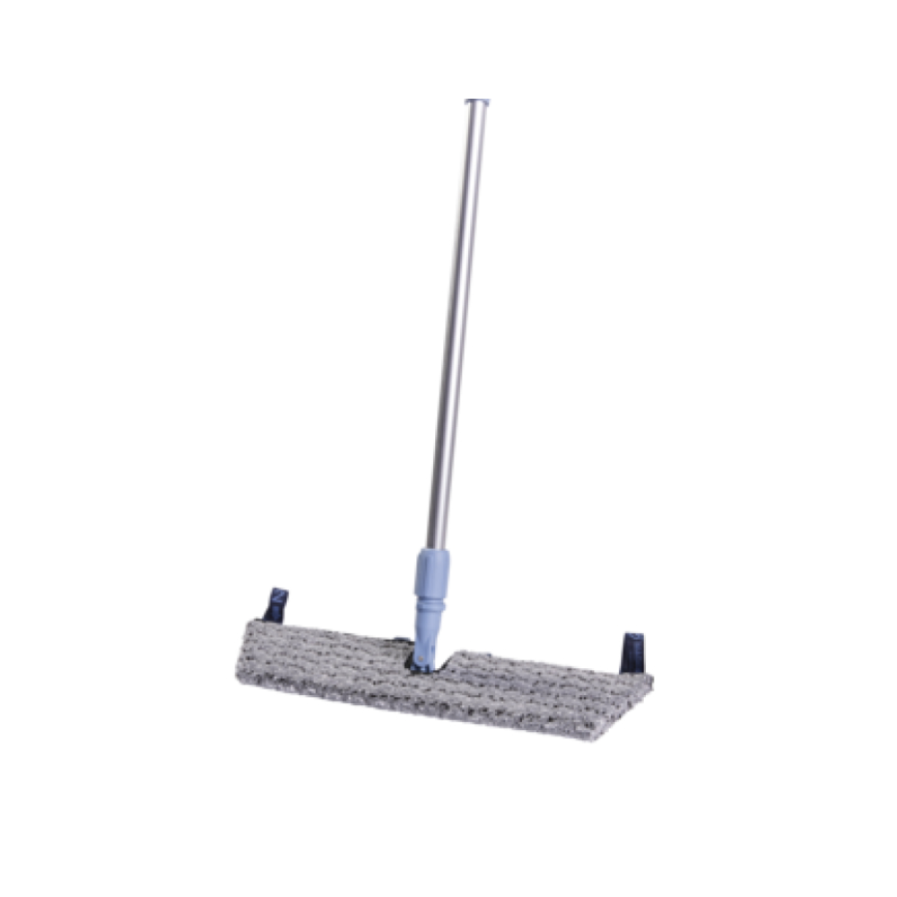 The Vileda GmbH Professional Swep Duo r-MicroPlus Mop is 50 cm long and is sold individually. It features a long handle with a rectangular grey cleaning pad. The silver mop stands upright against a white background and has a textured surface, making it ideal for efficient sweeping or scrubbing of floors.