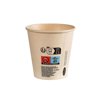 El vaso de café Duni Sweet Bedruckte Bagasse de Duni GmbH cuenta con etiquetas impresas, incluidas símbolos de reciclaje y 'Plastic in Product', que enfatizan la sostenibilidad sobre un simple fondo blanco.