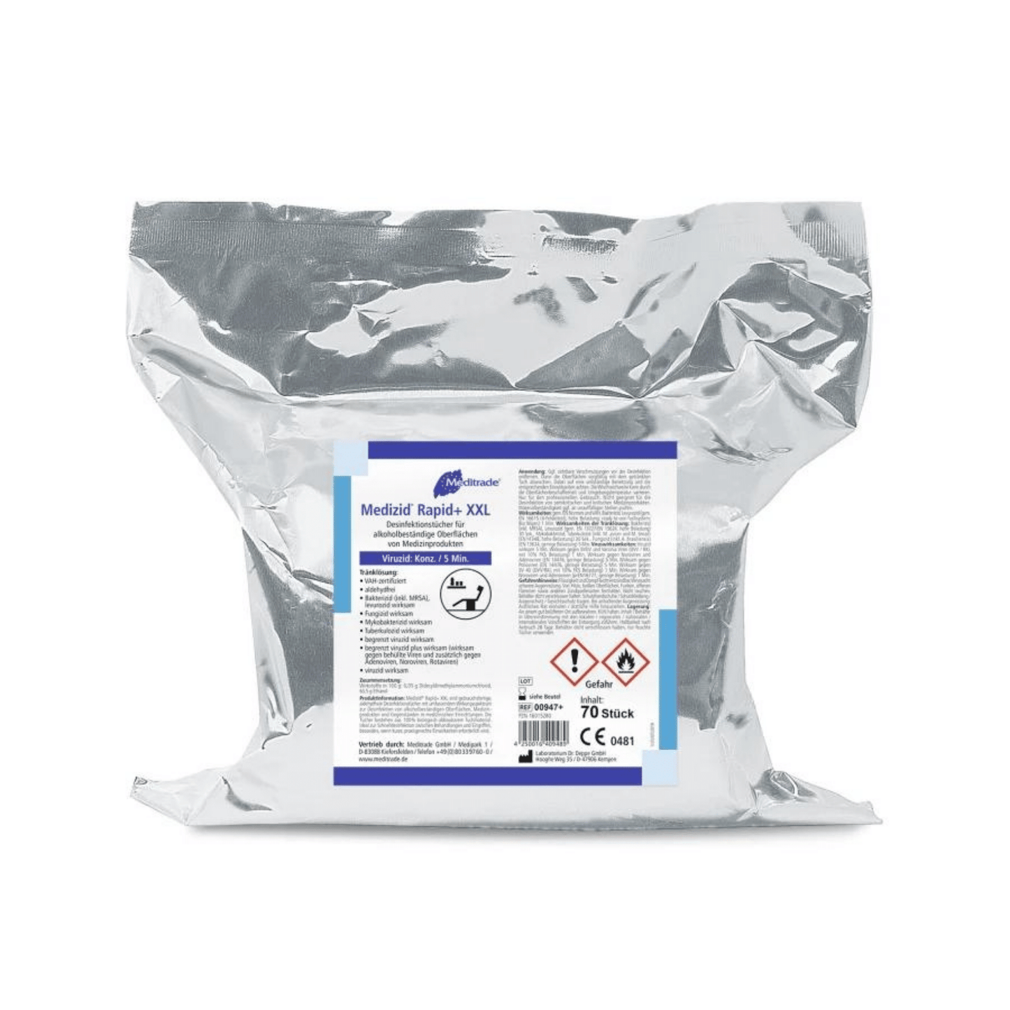 Ein versiegelter metallischer Plastikbeutel mit der Aufschrift „Meditrade Medizid® Rapid+ Desinfektionstücher“ mit 750 Gramm Desinfektionstüchern, mit aufgedruckten Details und Sicherheitssymbolen, überwiegend in Blau und Weiß.