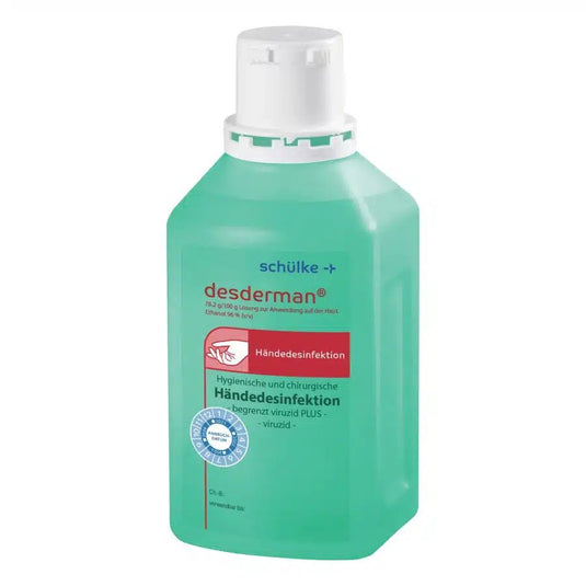A bottle of Schülke desderman® hand sanitizer. The bottle is light green with a white cap, and the labels include usage instructions and logos. (Brand name: Schülke & Mayr GmbH)